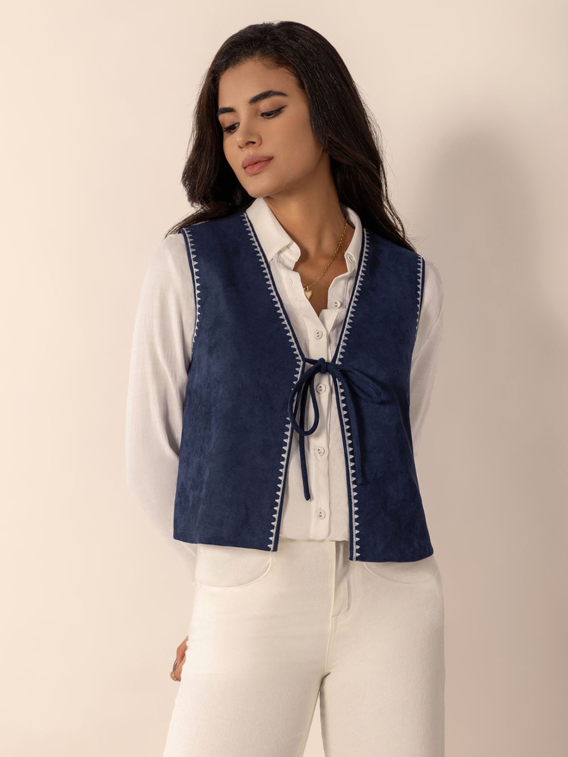 Blue Tied Contrast Trim Vest..