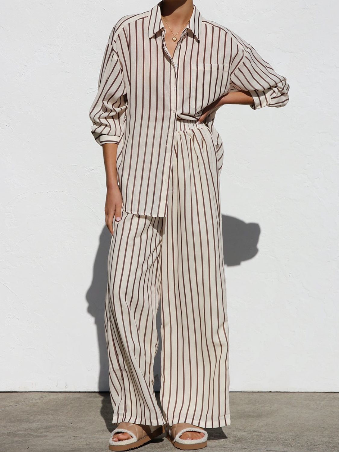 Striped Collared Top and Pants Set