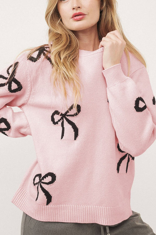 Bow Pattern Round Neck Fit Sweater