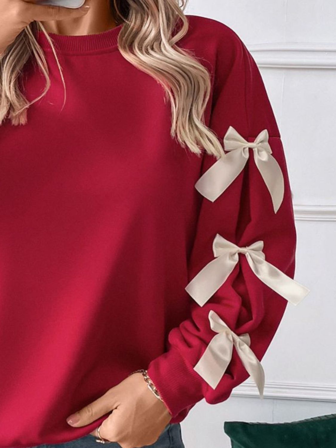 Perfee Bow Round Neck Sleeve Sweatshirt