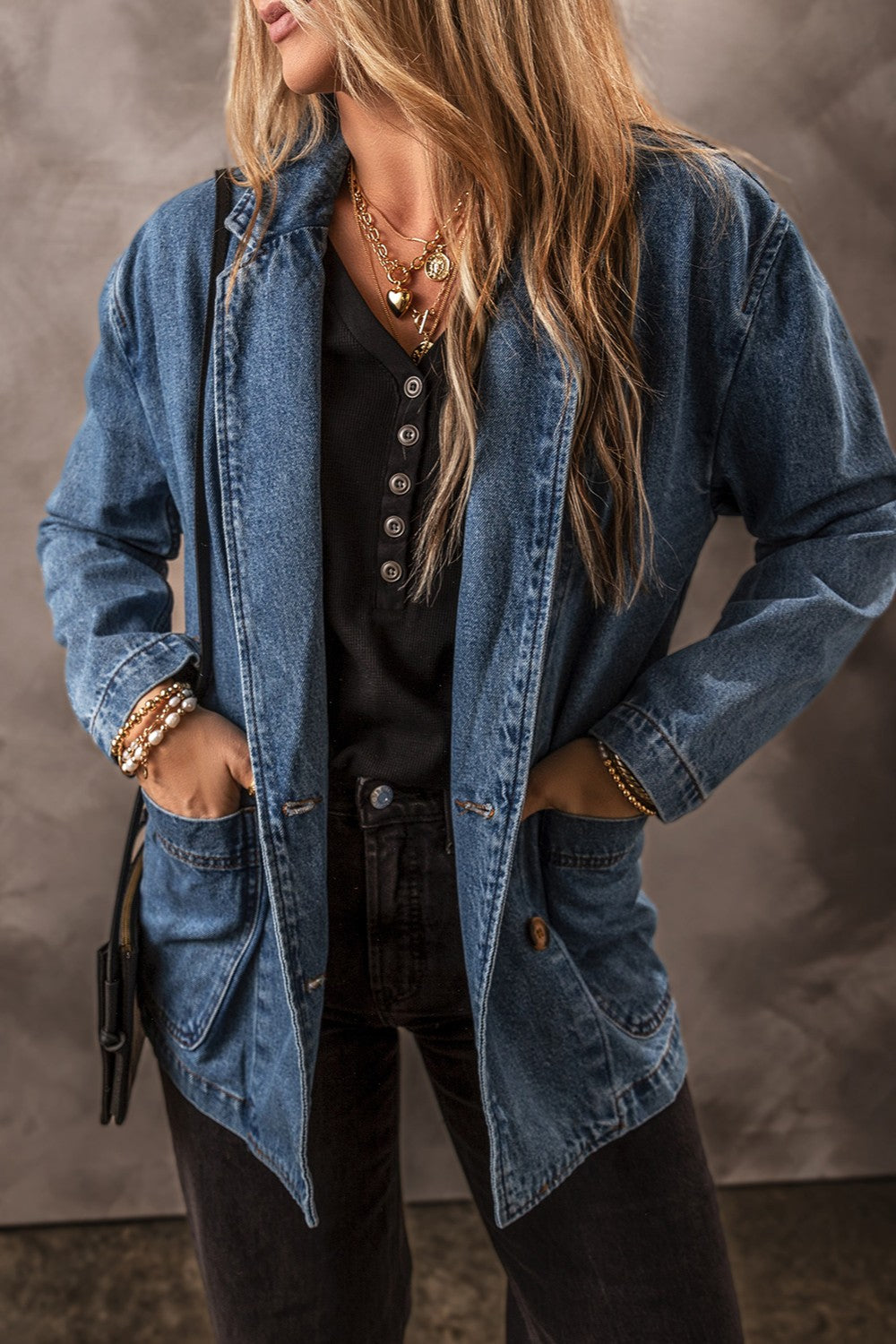 Pocketed L Sleeve Denim Jacket