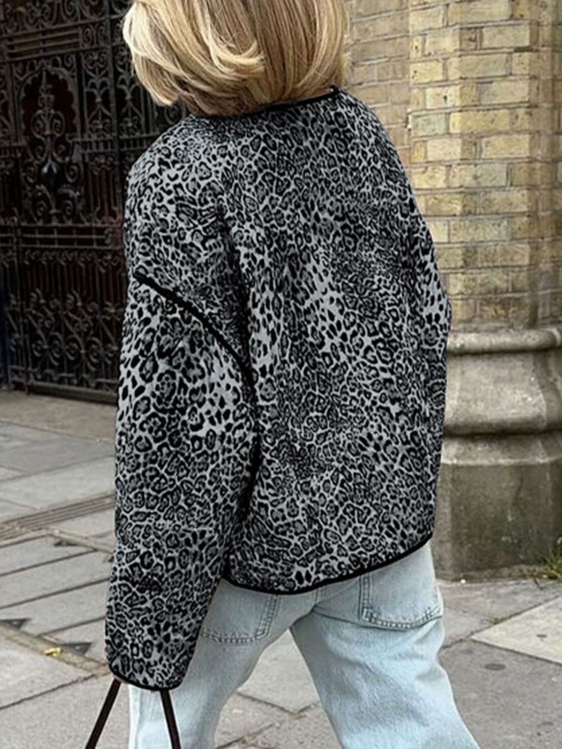 Perfee Leopard Open Front Sleeve Jacket