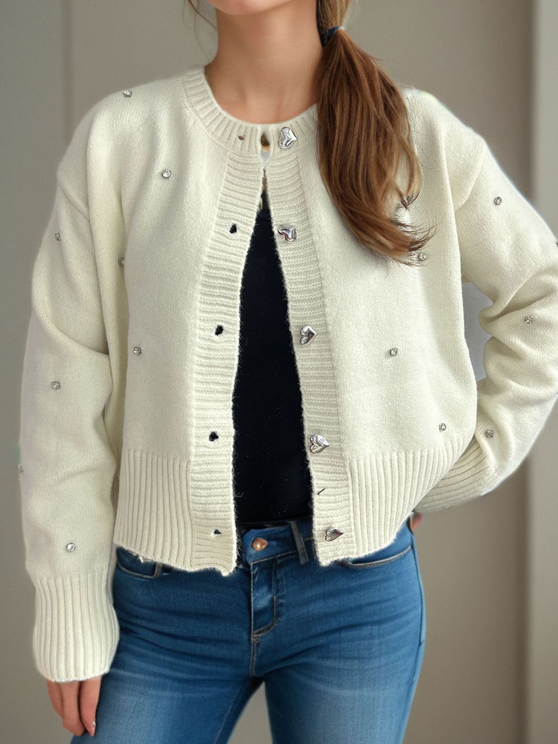 Heart Button Down Sleeve Cardigan