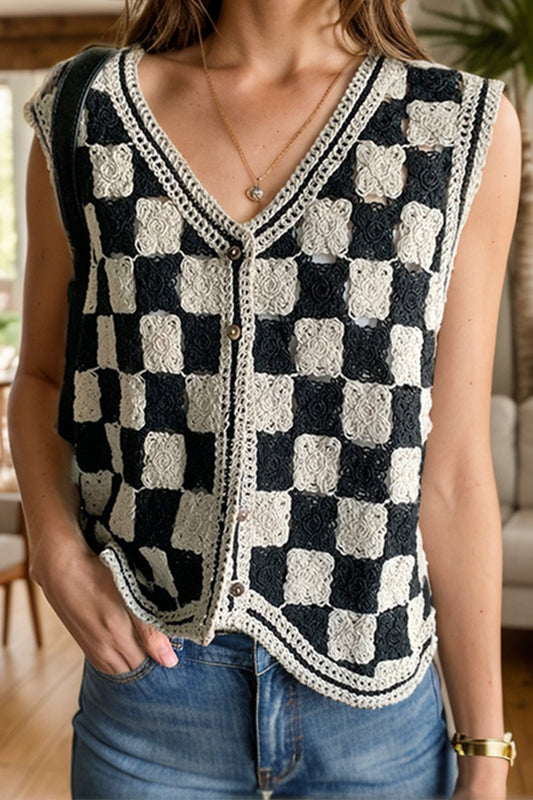 Checkered V-Neck Button Up Vest.