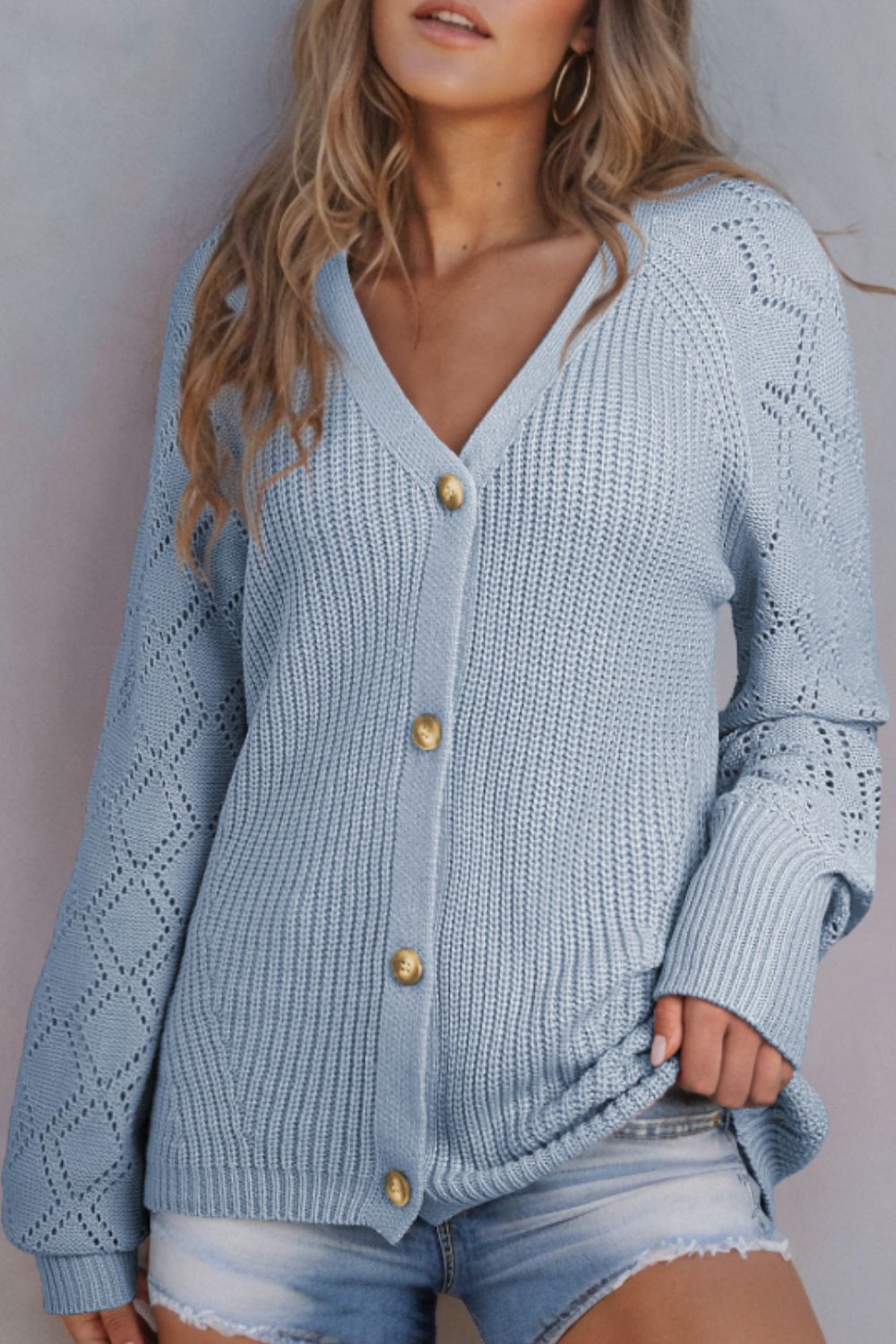 Openwork V-Neck Button Up Cardigan