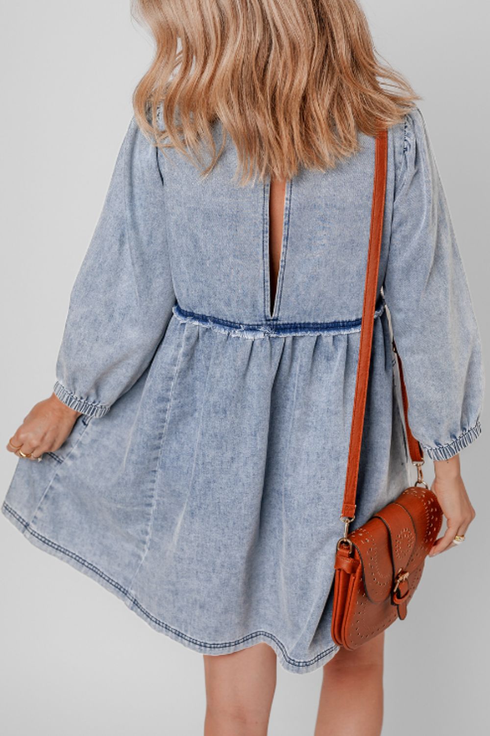 Cutout Round Neck Sleeve Denim Dress