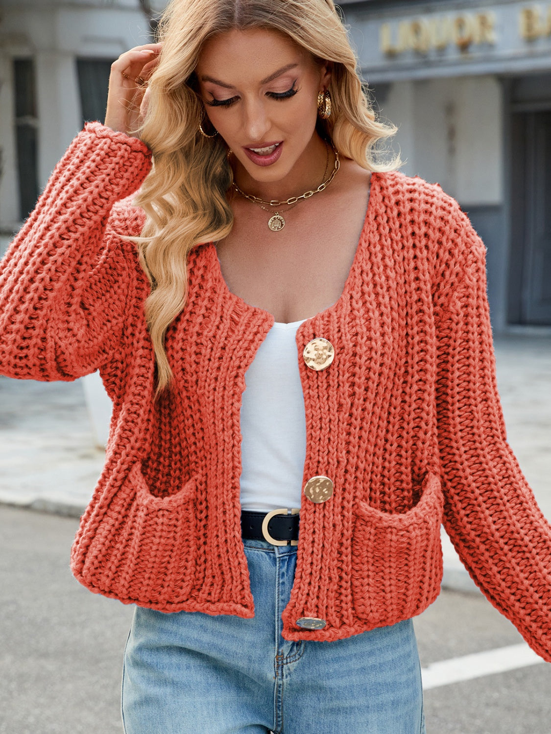 Round Neck Button Up Cardigan.