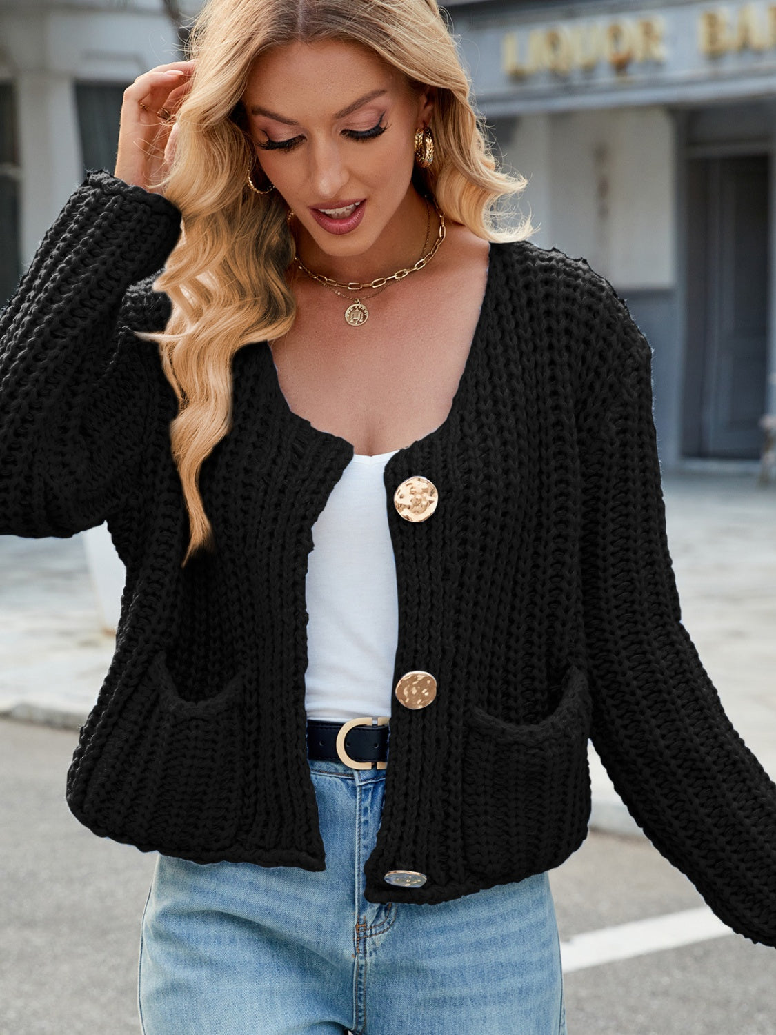 Round Neck Button Up Cardigan.