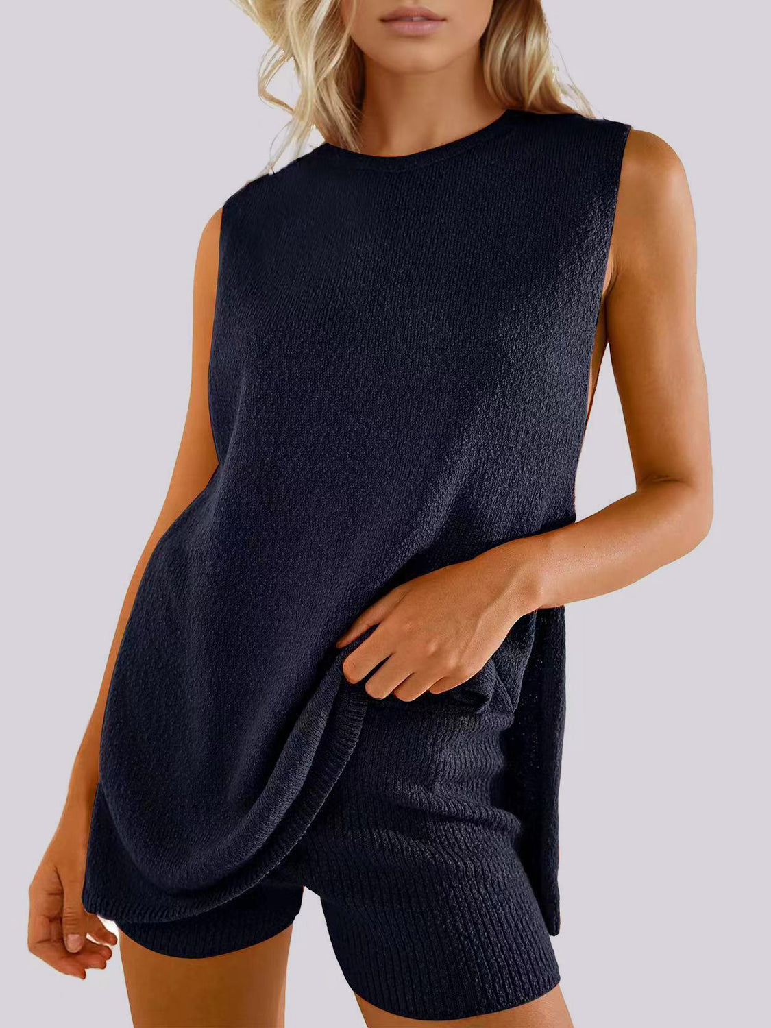 Mandy Round Neck Tank and Shorts Sweater Set