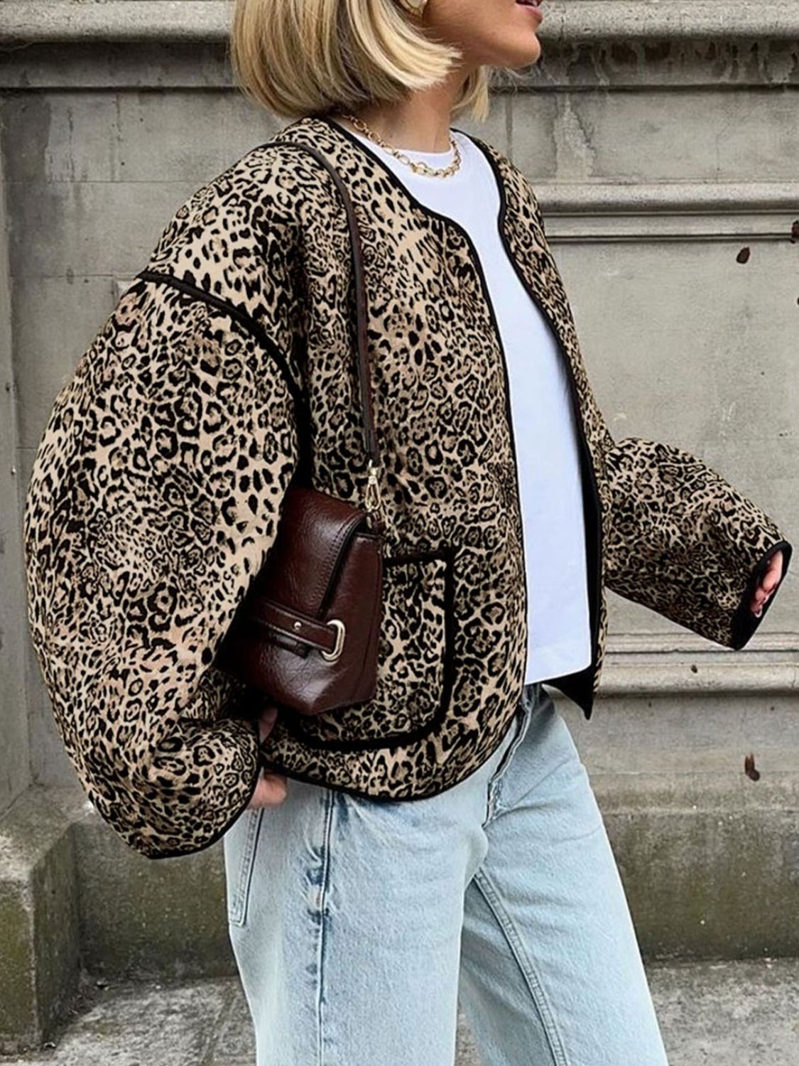 Perfee Leopard Open Front Sleeve Jacket