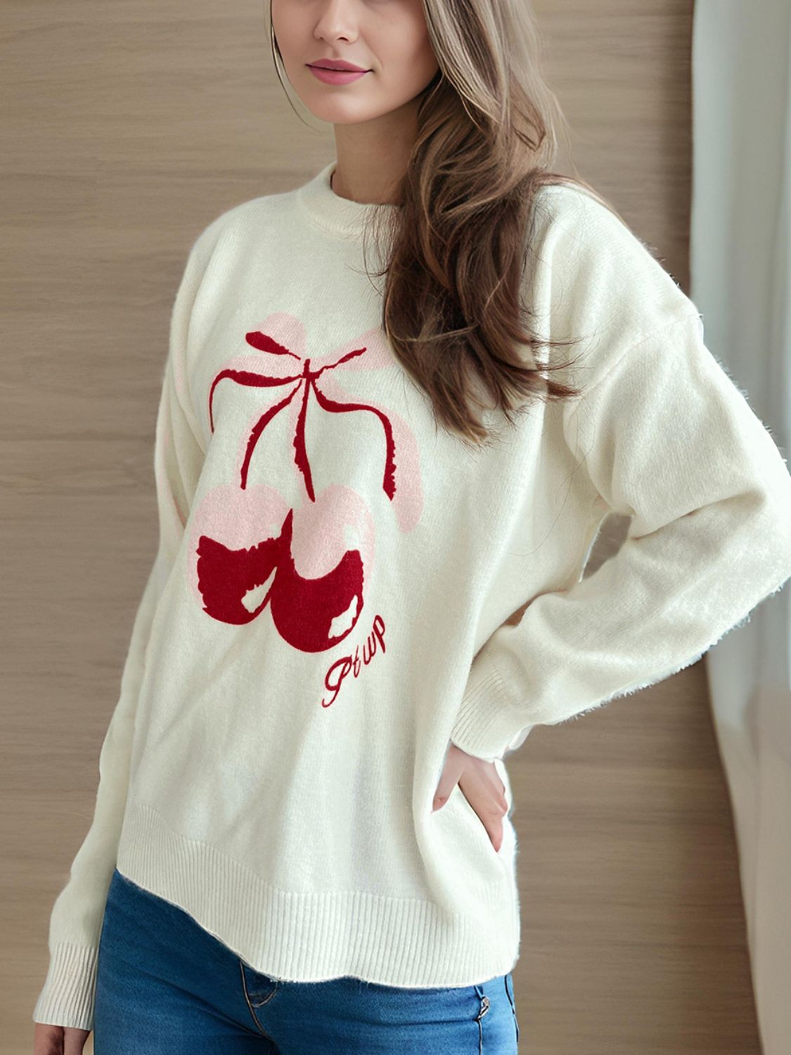 Cherry Round Neck Sleeve Sweater