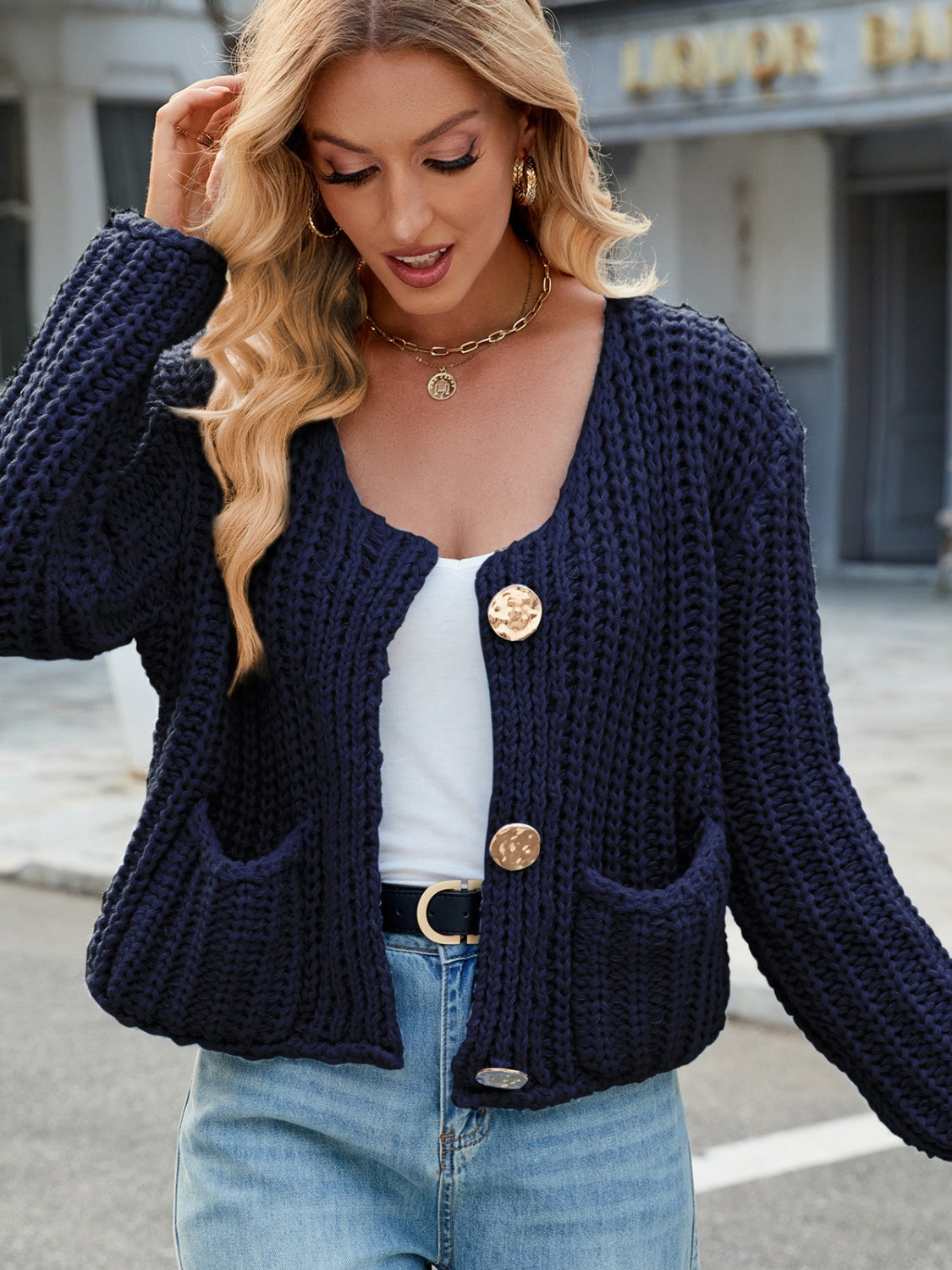 Round Neck Button Up Cardigan.