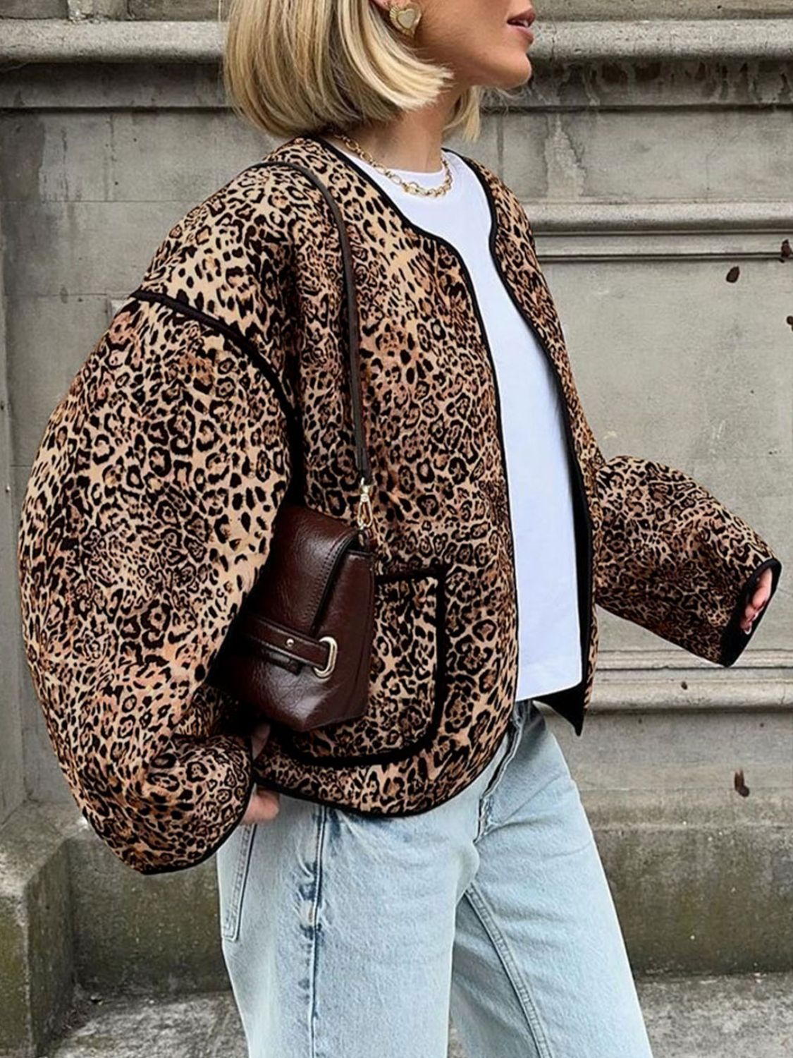 Perfee Leopard Open Front Sleeve Jacket