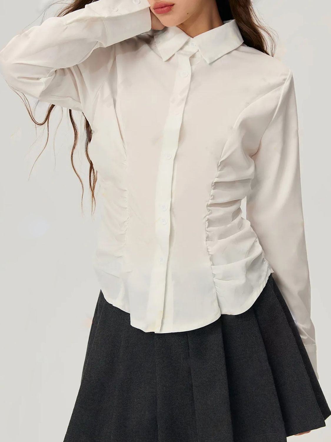 Ruched Button Down Long Sleeve Shirt.