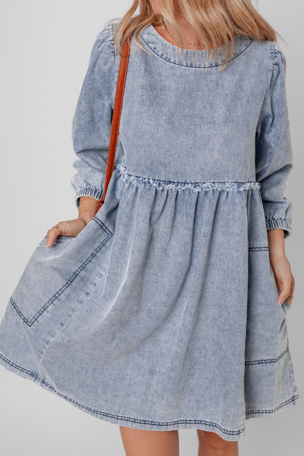 Cutout Round Neck Sleeve Denim Dress