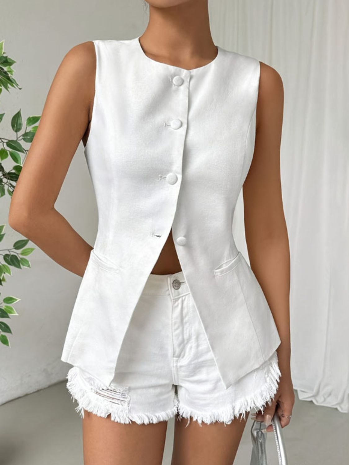 White Button Down Round Neck Vest