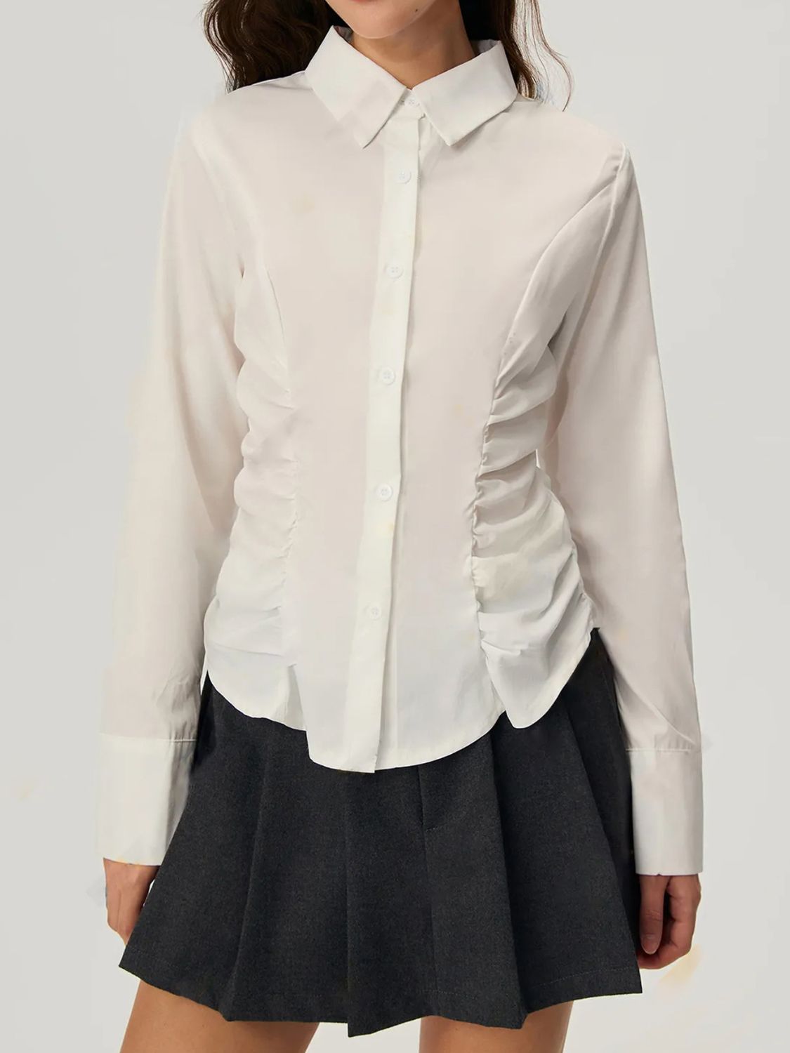 Ruched Button Down Long Sleeve Shirt.