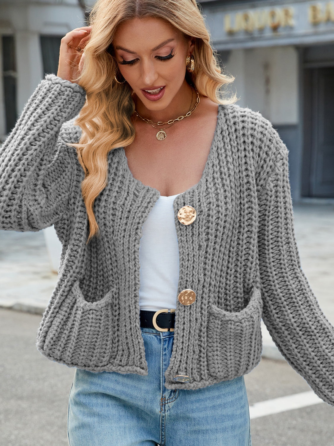 Round Neck Button Up Cardigan.