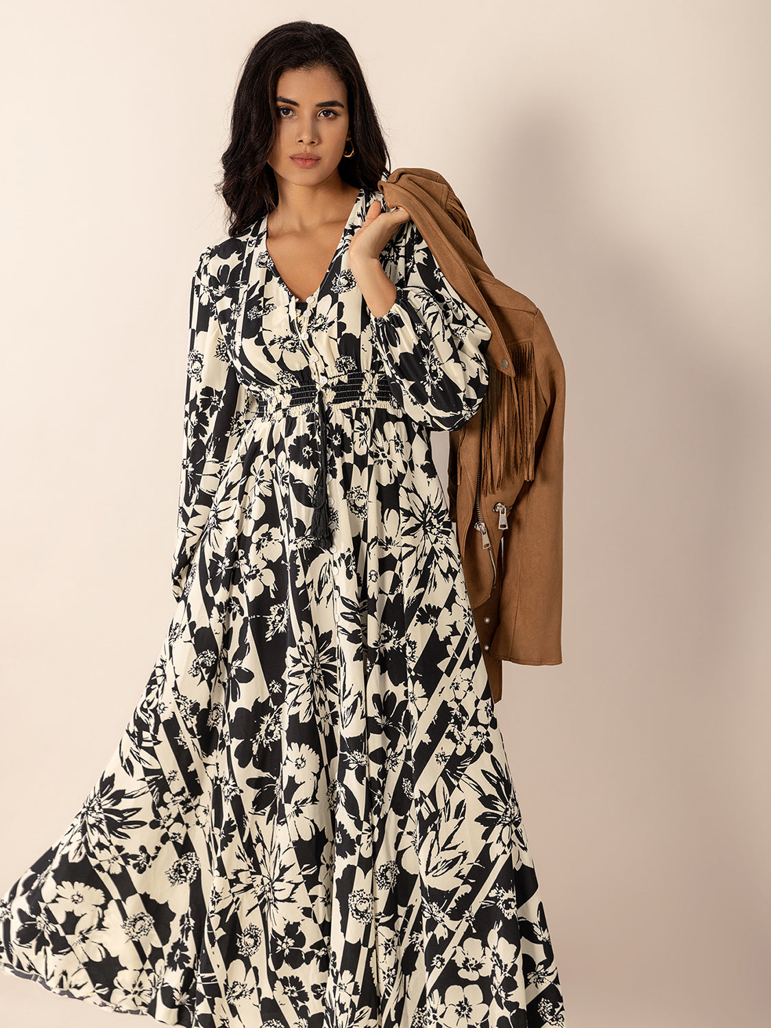 Tied Printed V-Neck Sleeve Midi Dress