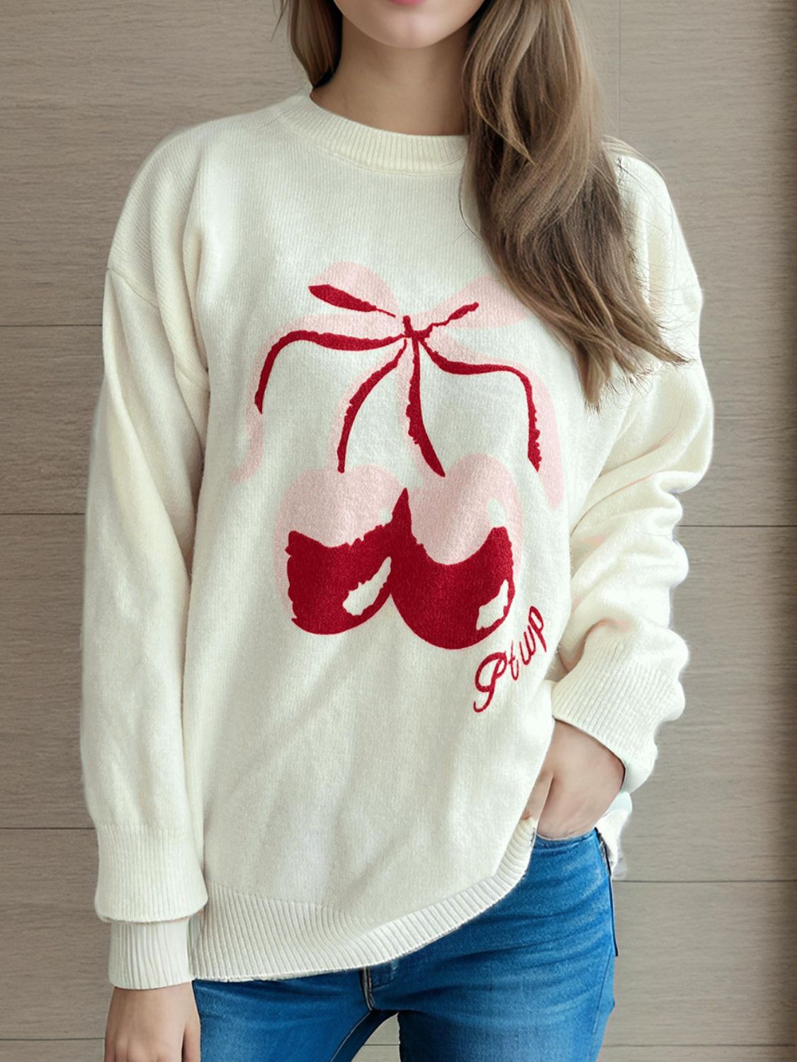 Cherry Round Neck Sleeve Sweater