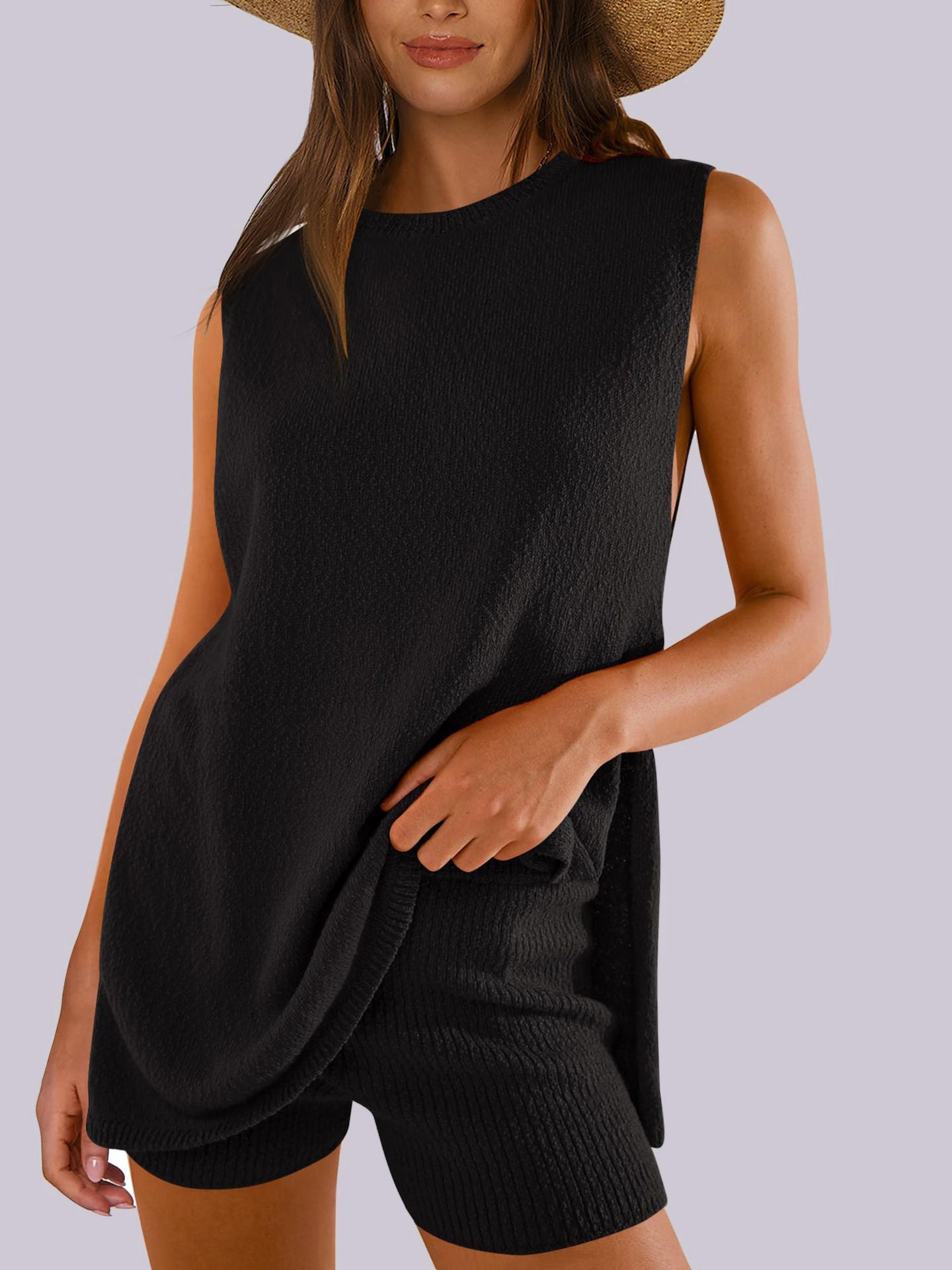 Mandy Round Neck Tank and Shorts Sweater Set