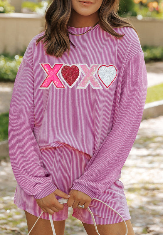 Valentine’s Day XOXO Heart Sequin Corded Long Sleeve Top and Shorts Set