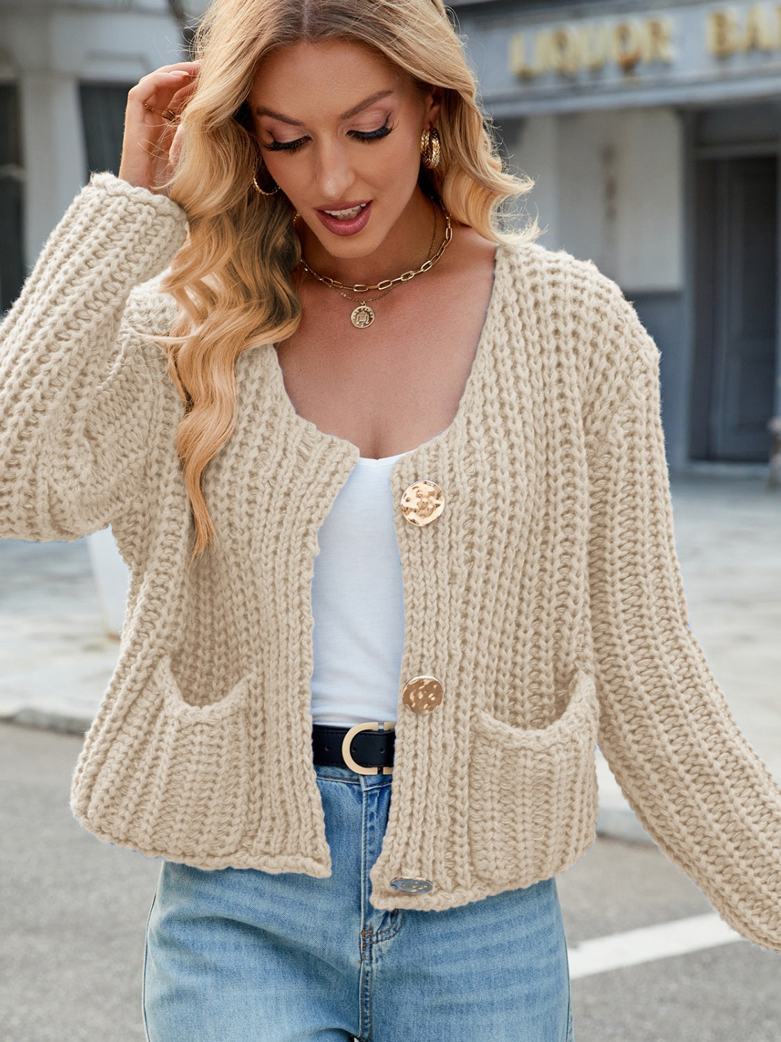 Round Neck Button Up Cardigan.