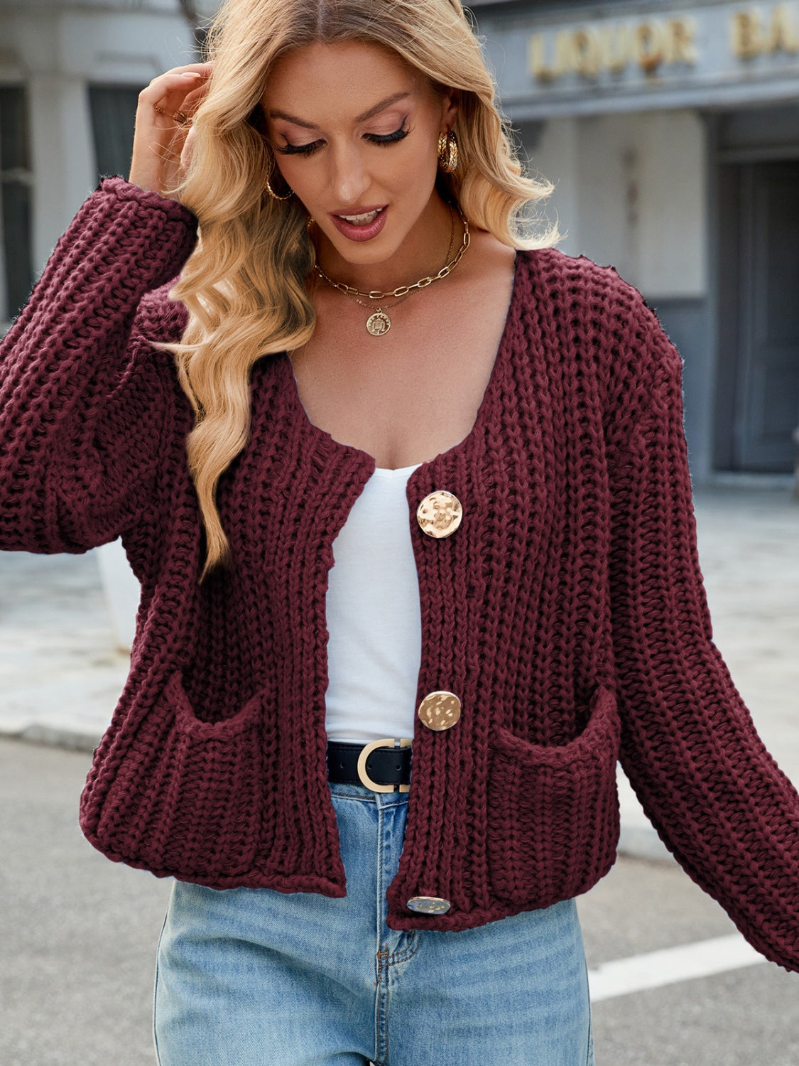 Round Neck Button Up Cardigan.