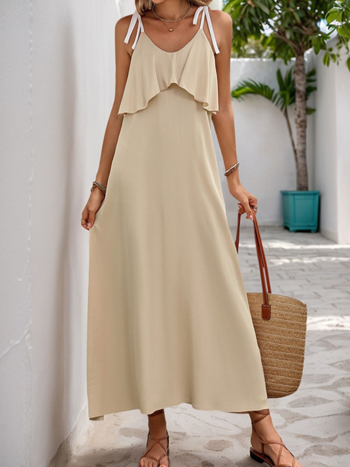 Perfee Tied Ruffled Scoop Neck Sleeveless Dress