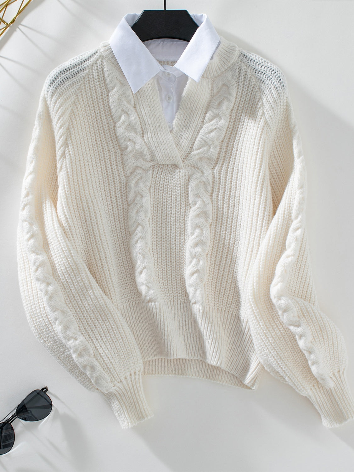 Cable-Knit Collared Neck Layered Sweater