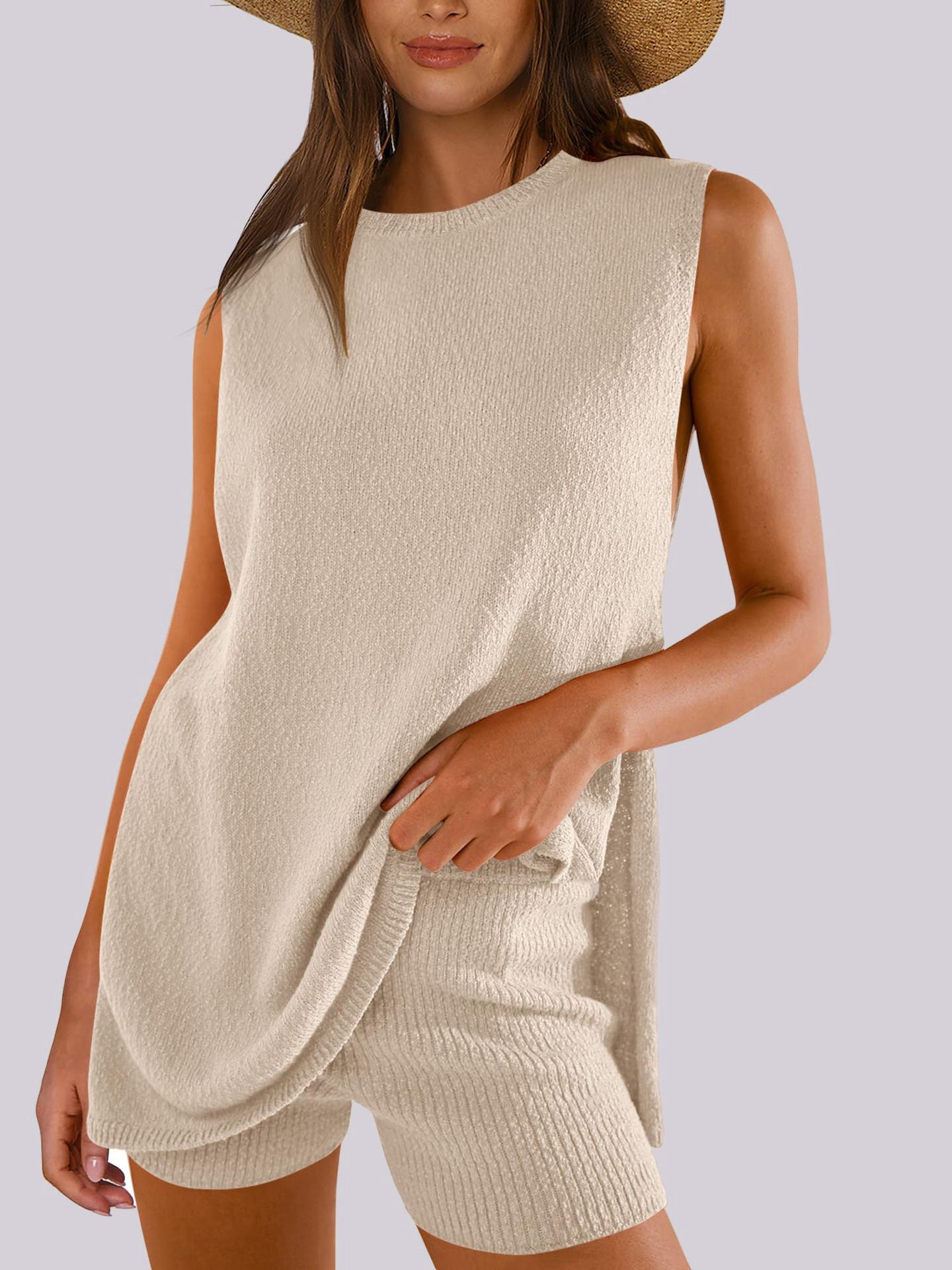 Mandy Round Neck Tank and Shorts Sweater Set