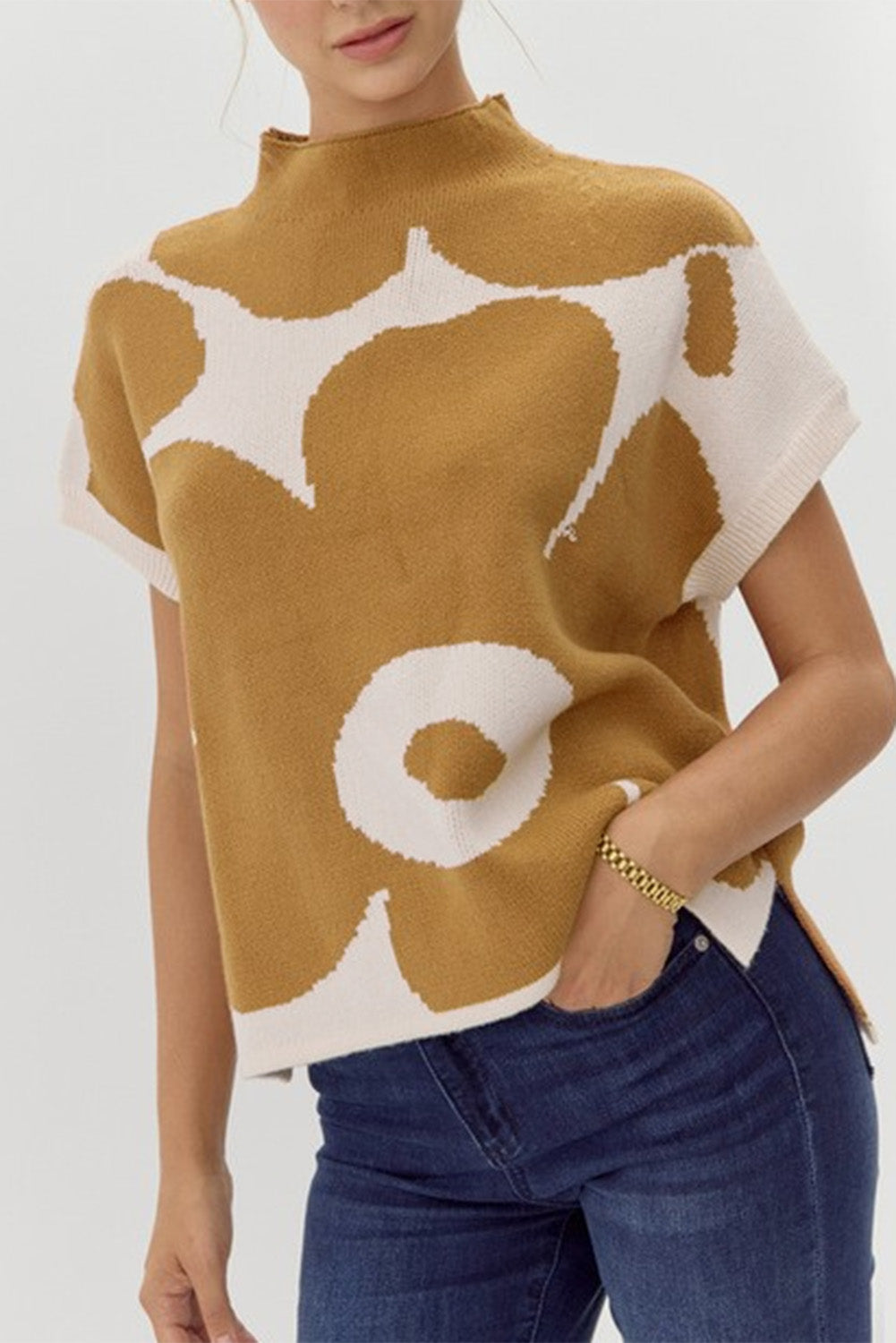 Flower Mock Neck Short Sleeve Sweater