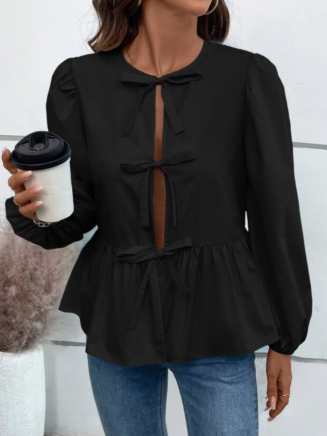 Ivy Lane Peplum Tied Sleeve Blouse.