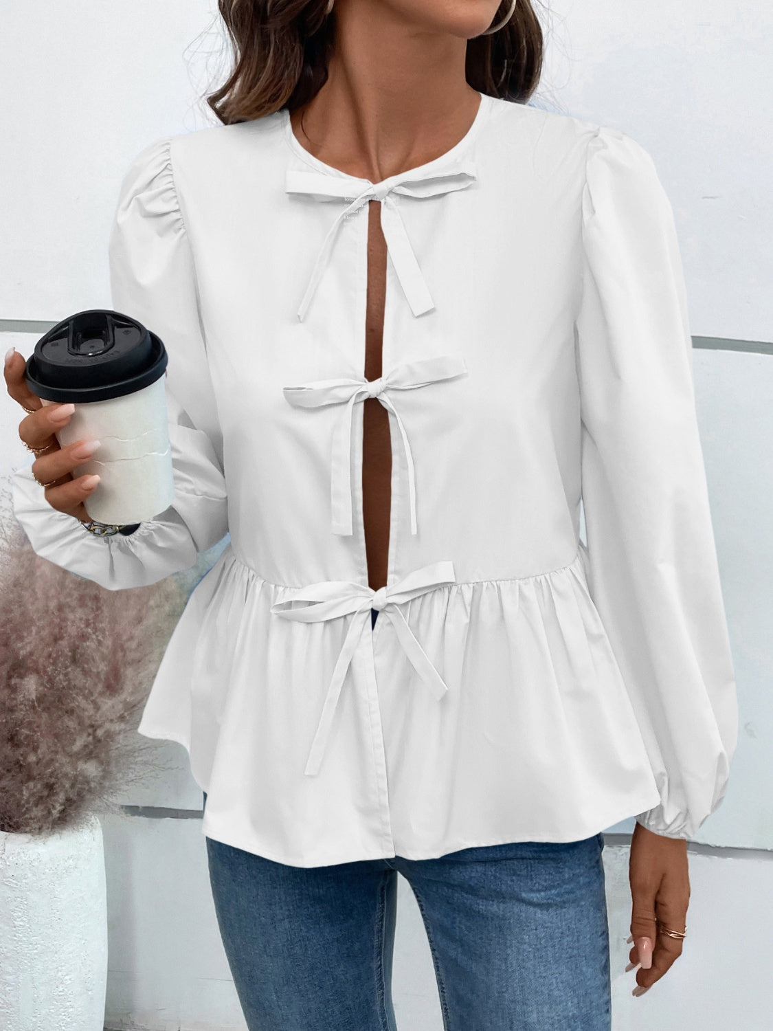 Ivy Lane Peplum Tied Sleeve Blouse.