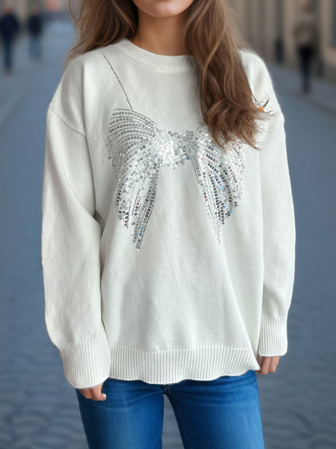 Bow Round Neck Long Sleeve Sweater