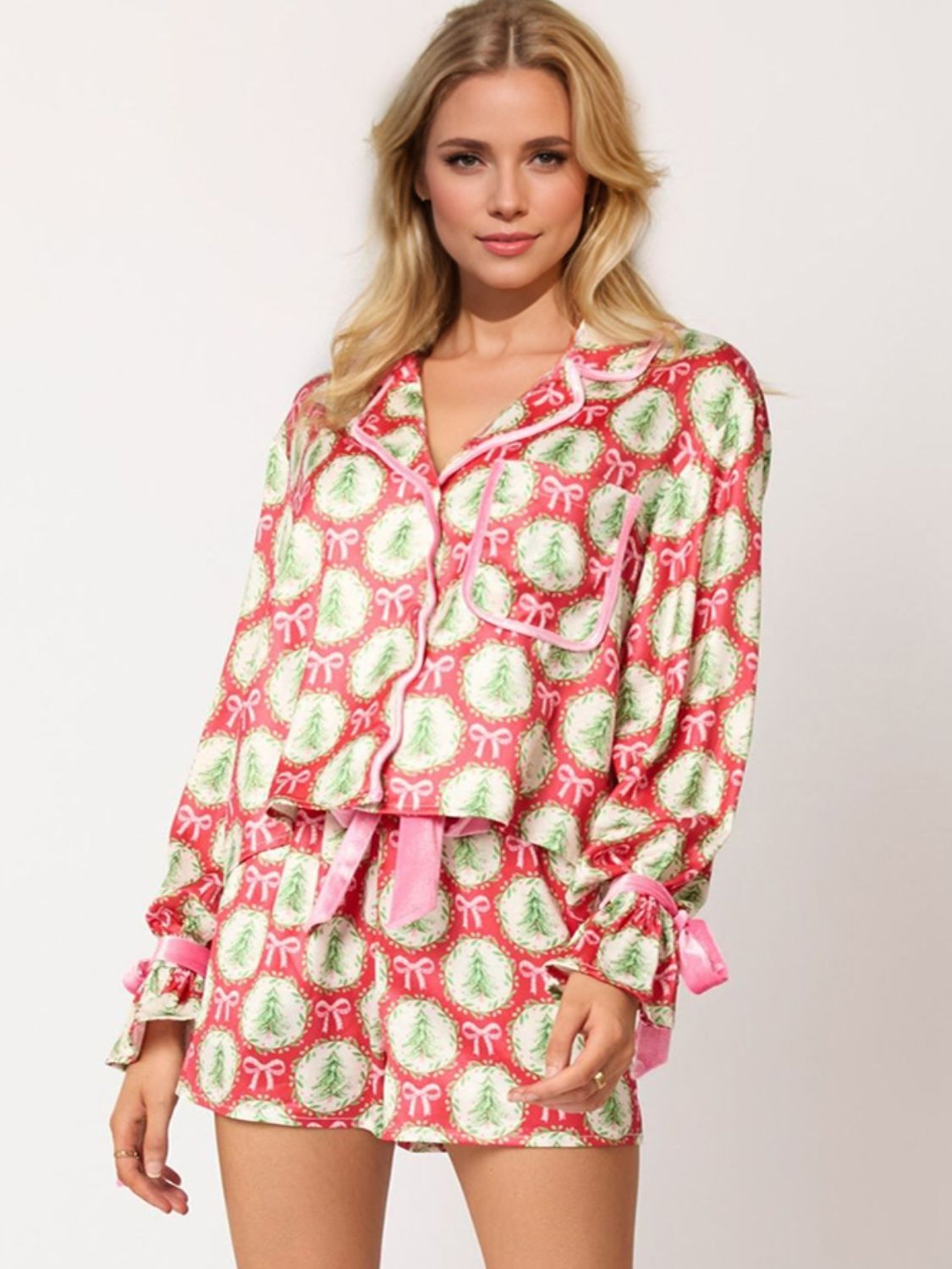 Tied Printed Collared Neck Sleeve Top and Shorts Set