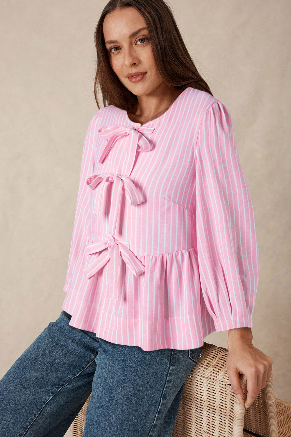 Tied Bow Striped Round Neck Blouse.