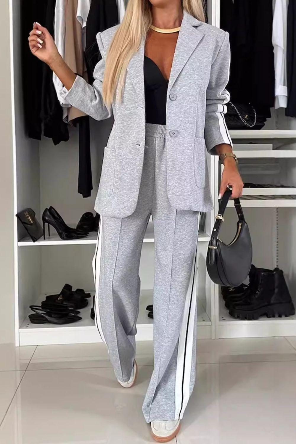 Full Size Lapel Collar Top and Pants Set