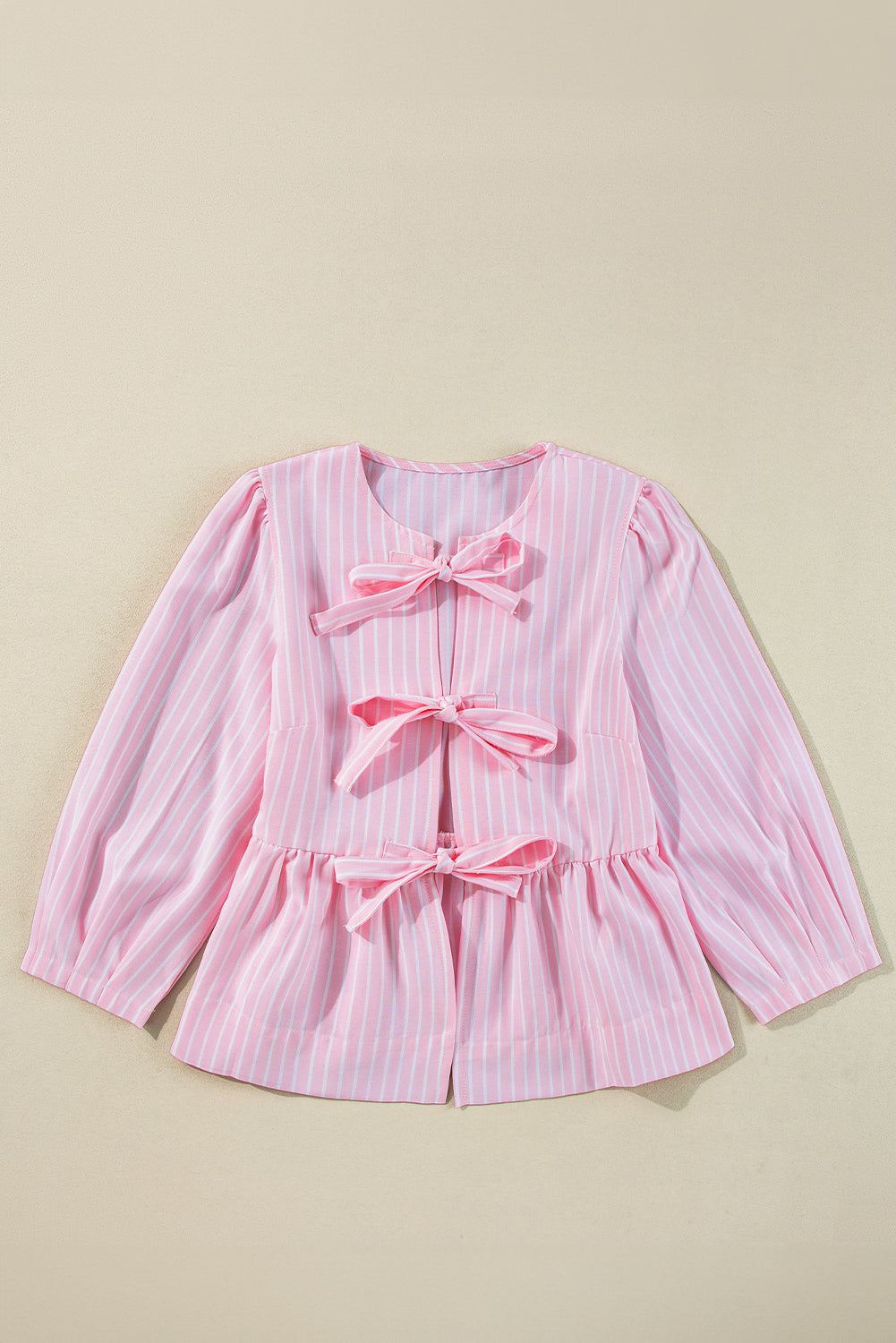 Tied Bow Striped Round Neck Blouse.