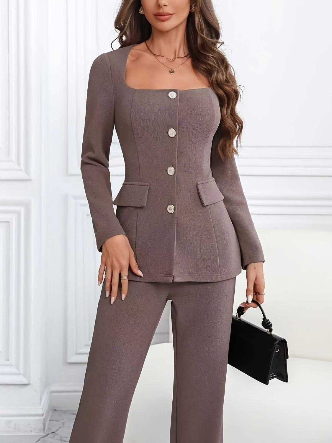 Square Neck Button Up Blazer & Pants Set