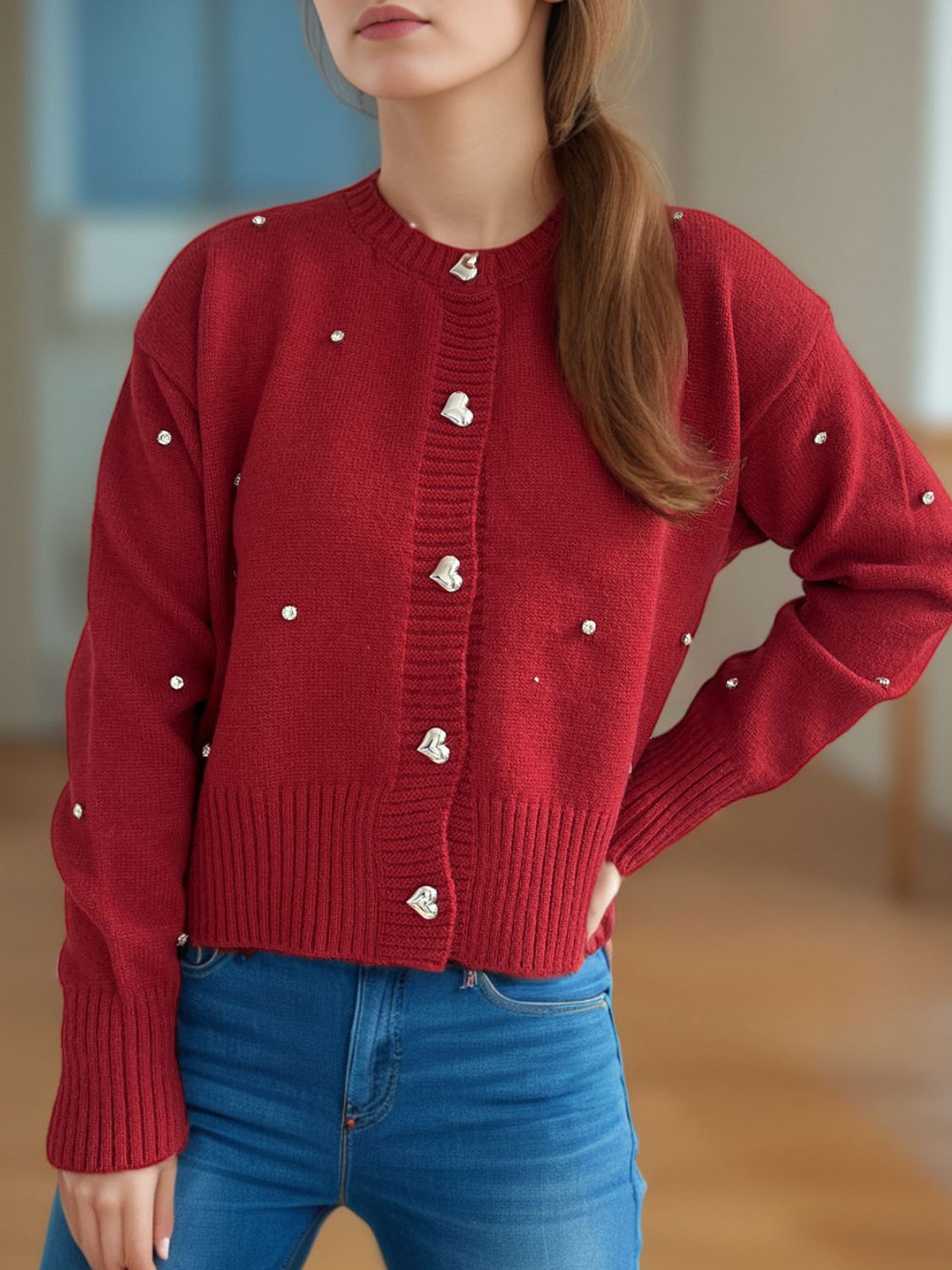 Heart Button Down Sleeve Cardigan