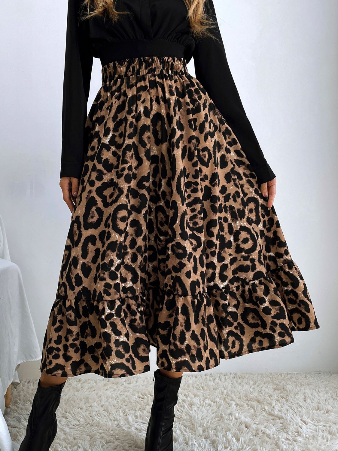 Printed Elastic Waist Midi Skirt