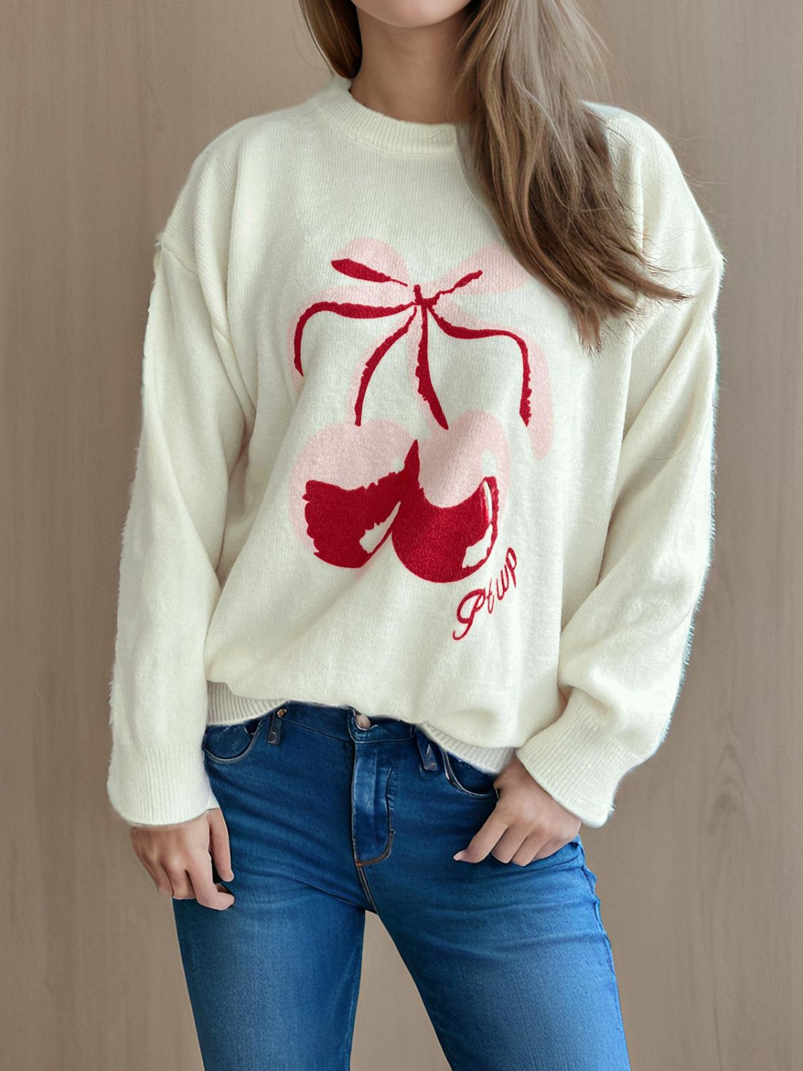 Cherry Round Neck Sleeve Sweater