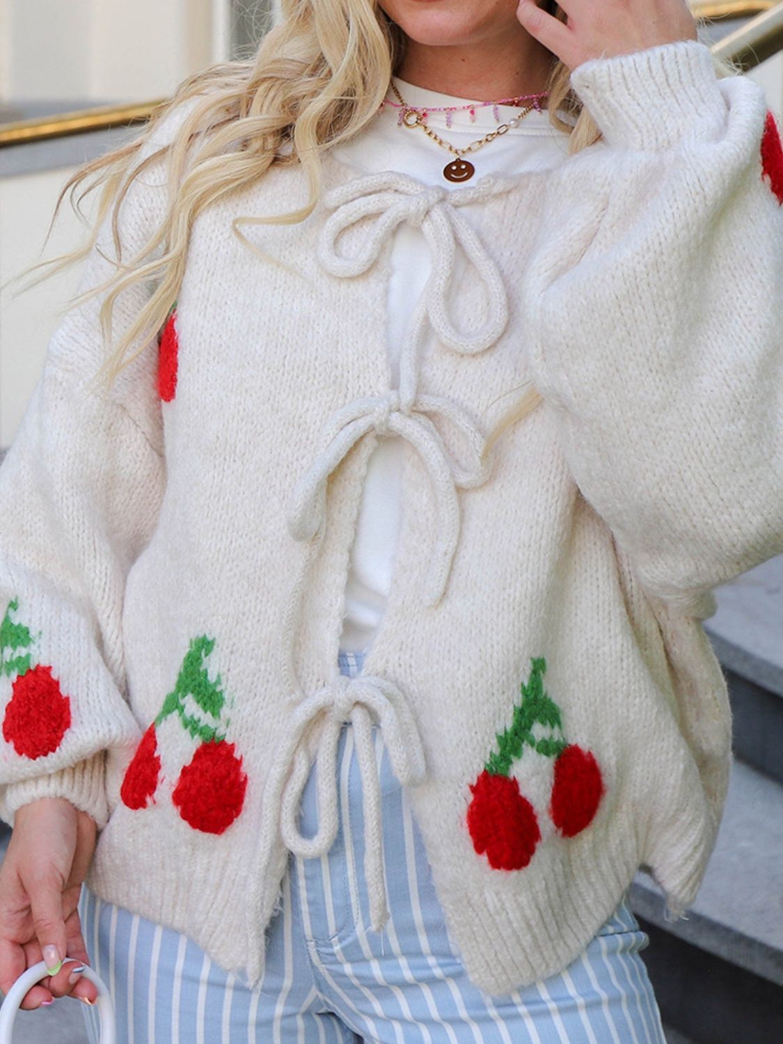 Cherry Round Neck Long Sleeve Cardigan