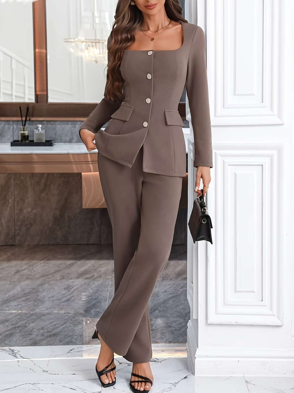 Square Neck Button Up Blazer & Pants Set