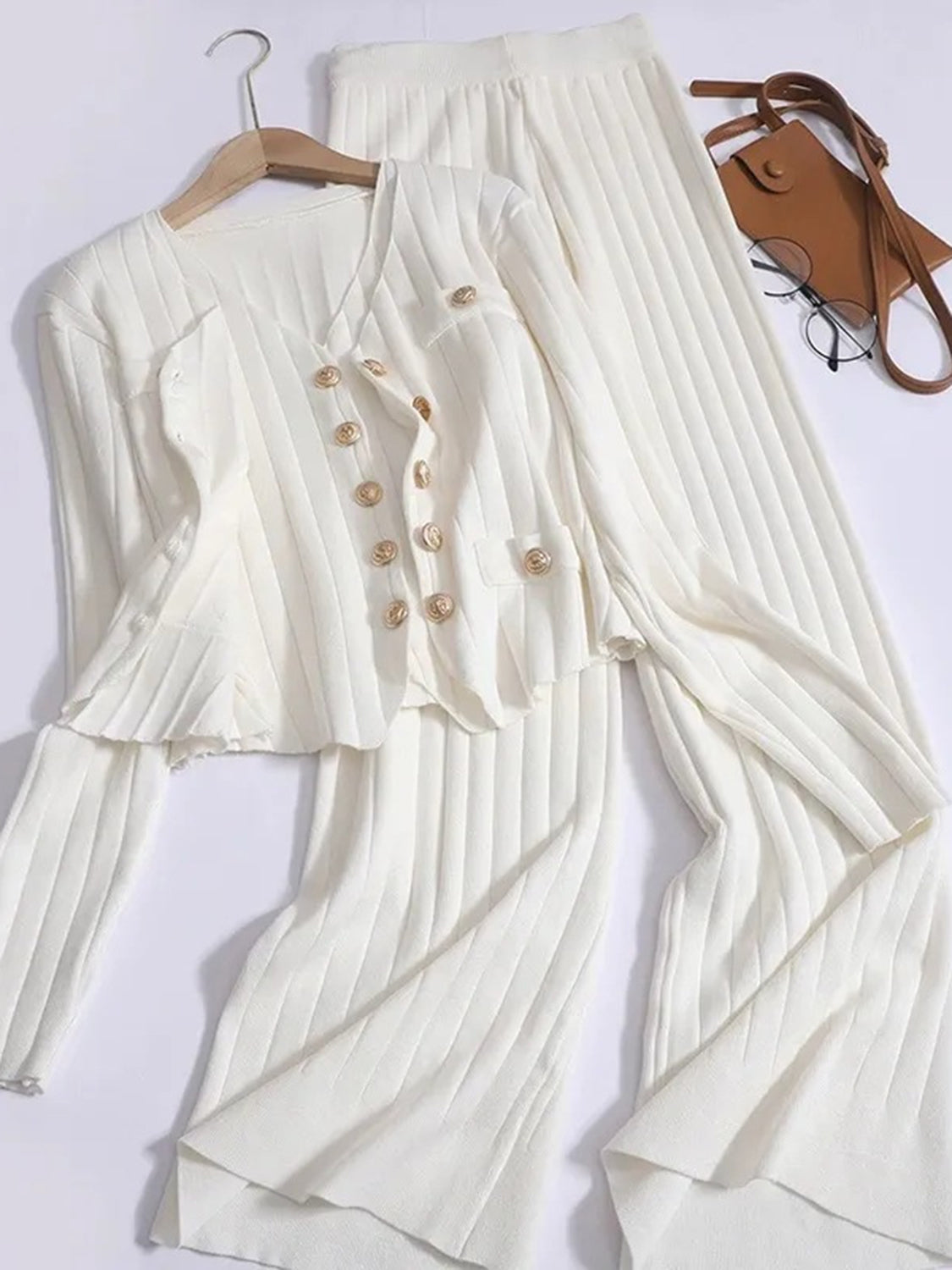 V-Neck Tank Cardigan and Pants Three-Piece Sweater Set