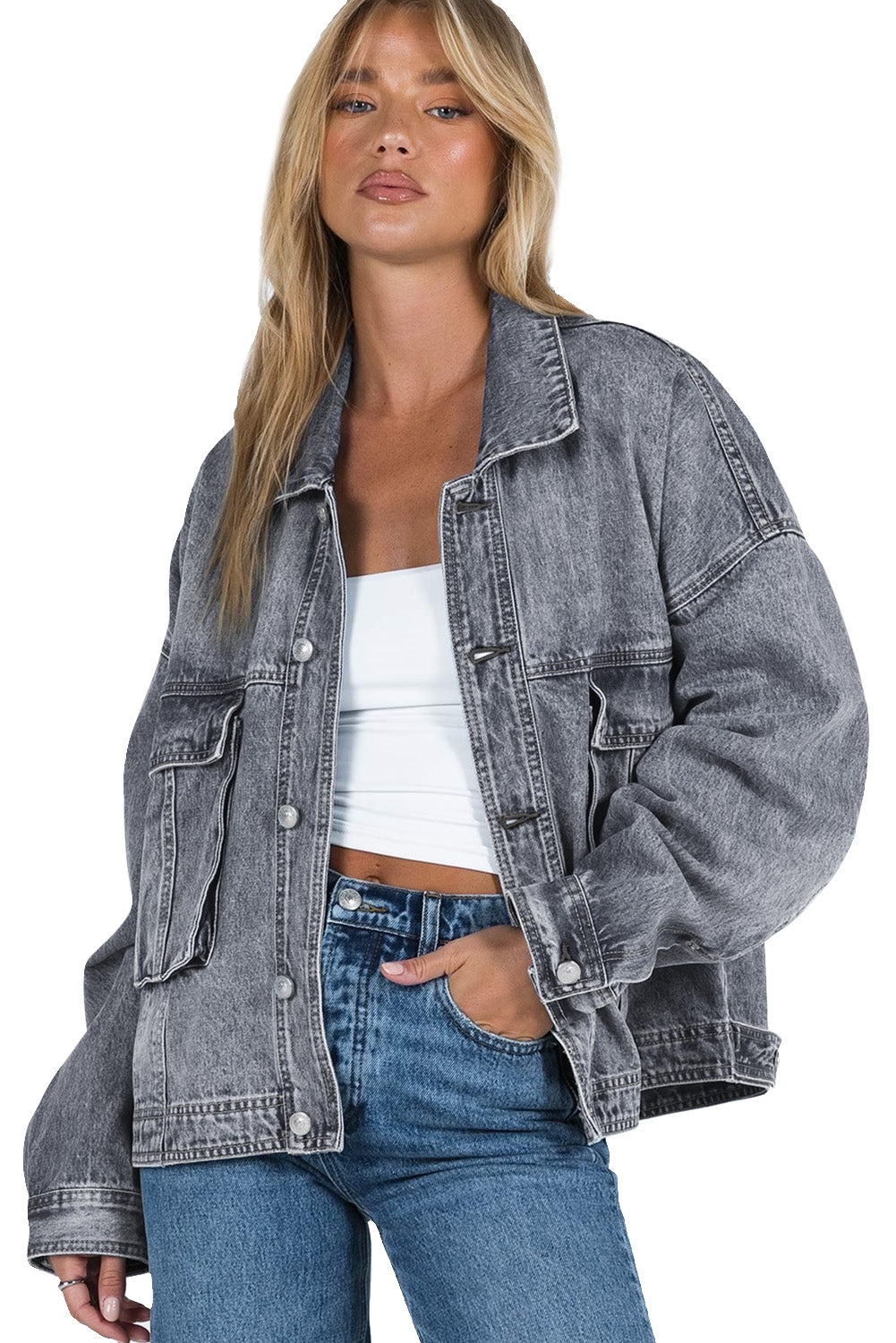 Collared Neck Button Up Denim Jacket.