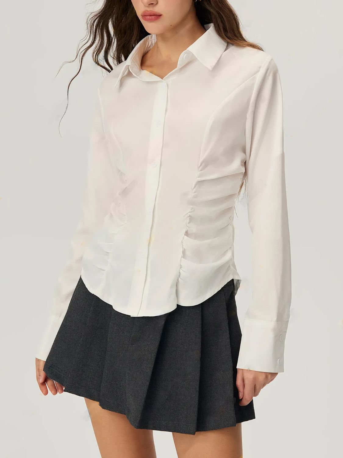 Ruched Button Down Long Sleeve Shirt.