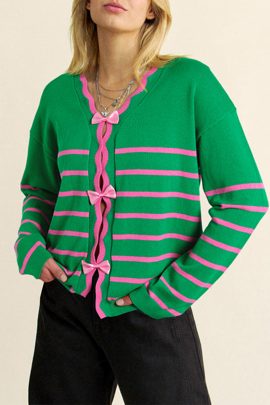 Bow Striped V-Neck Sleeve Cardigan