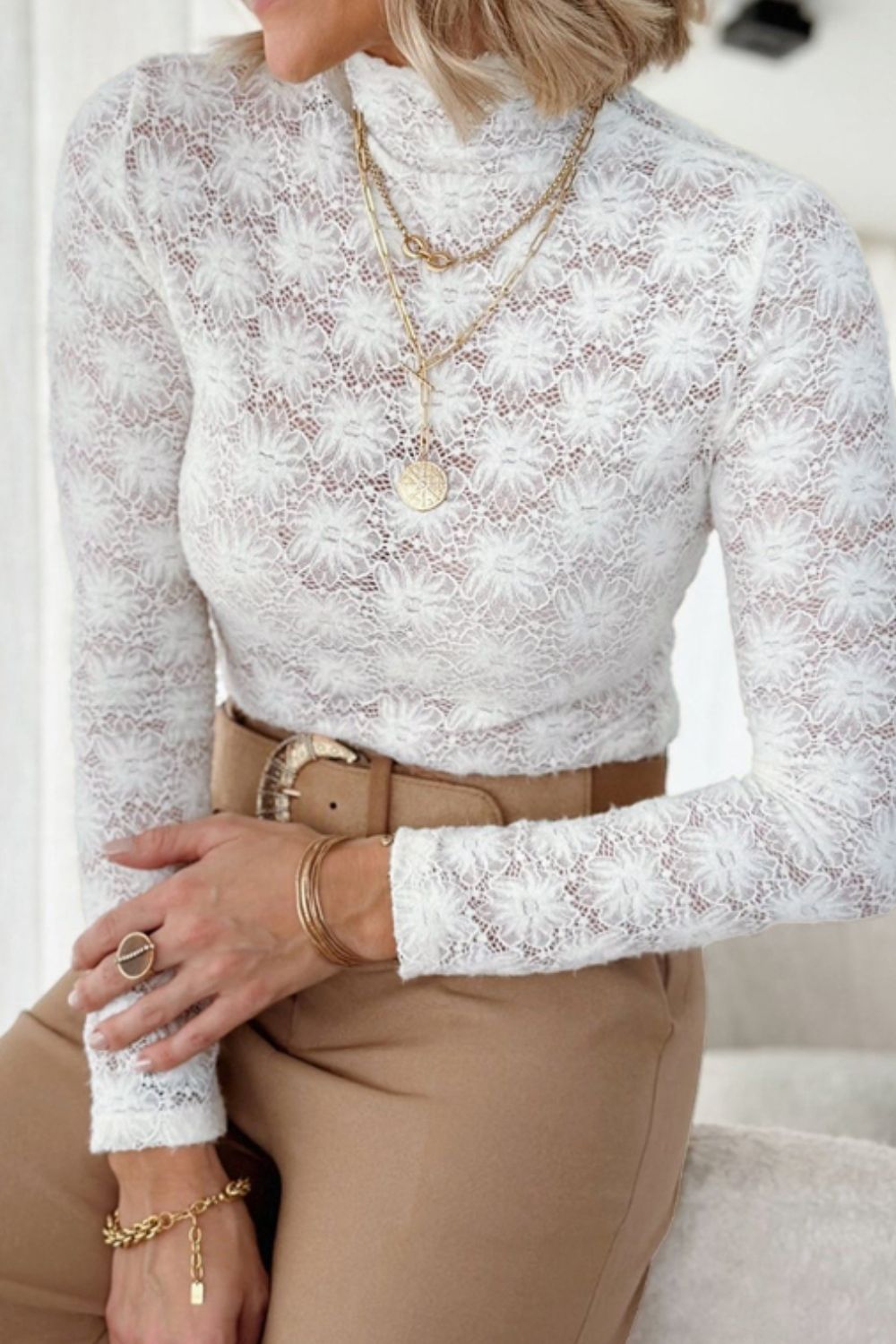 Mock Neck Long Sleeve Lace Top.